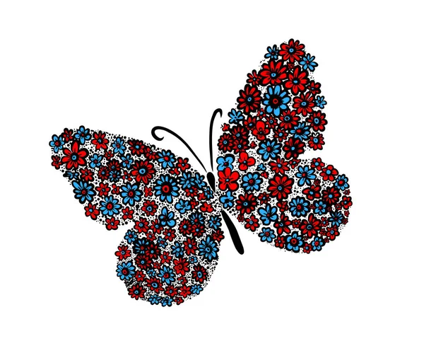 Una mariposa multicolor hecha de flores. Medios mixtos. Ilustración vectorial — Vector de stock