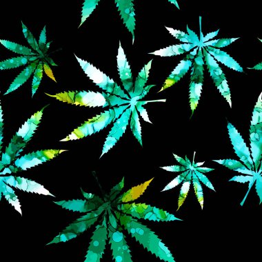 Esrar ya da marihuana yaprağı, çok renkli, renksiz arka plan, karışık medya. Karışık medya. Vektör illüstrasyonu