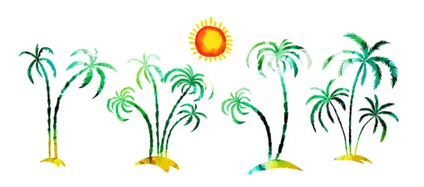 Set Mehrfarbige Palmen. Hallo Sommer. Gemischte Medien. Vektorillustration — Stockvektor
