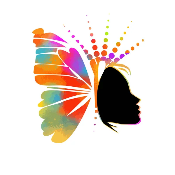 Hermosa silueta de perfil de chicas multicolores con mariposas volando de su cabello aislado sobre fondo blanco - ilustración vectorial — Vector de stock