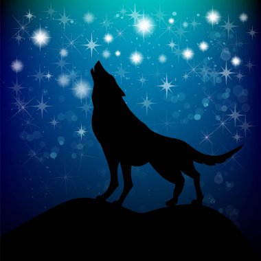 Geceleri uluyan bir kurdun silueti. Vektör illüstrasyonu