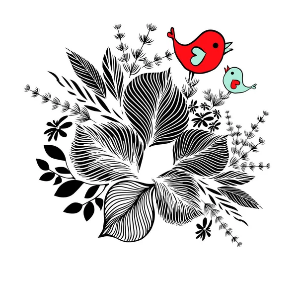 Enfärgad Blommig Abstraktion Med Fåglar Vektorillustration — Stock vektor