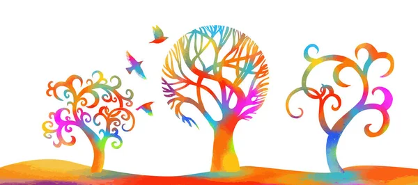 Hermoso Árbol Multicolor Estilizado Con Pájaros Ilustración Vectorial — Vector de stock