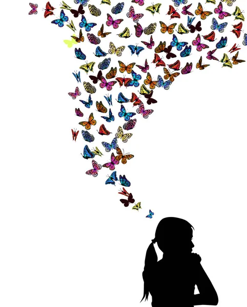 Mädchensilhouette Mit Fliegenden Schmetterlingen Vektorillustration — Stockvektor