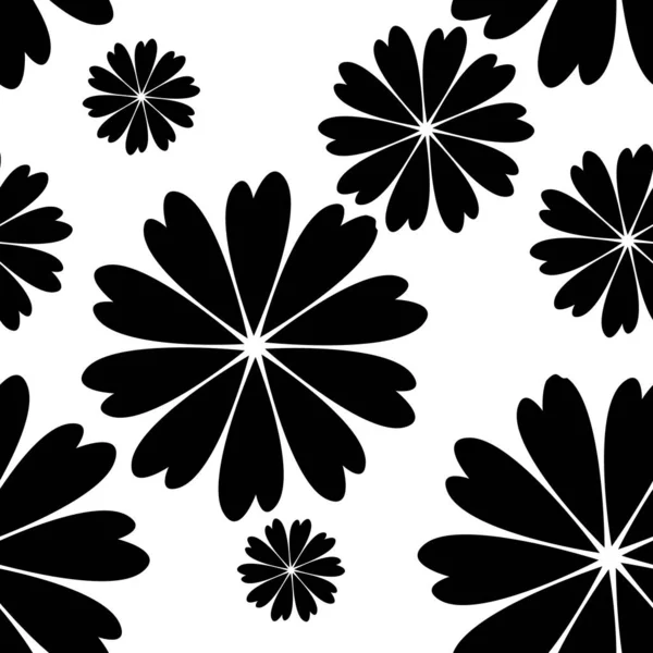 手描きの花や葉で作られたシンプルなベクトルパターン 黒と白の花の背景 — ストックベクタ