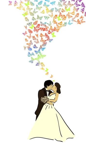 Silueta Novia Novio Muchas Mariposas Voladoras Ilustración Vectorial — Vector de stock