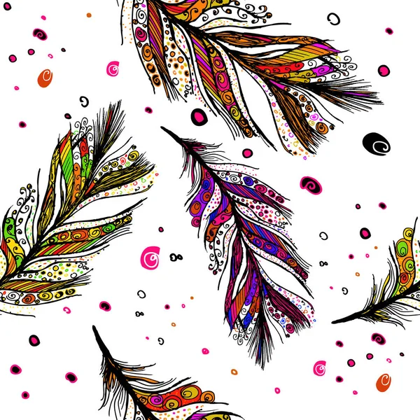 Plumes d'oiseau motif sans couture. Techniques mixtes. Illustration vectorielle — Image vectorielle