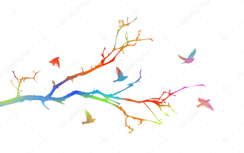 A multi-colored tree branch without leaves with flying birds. Vector illustration