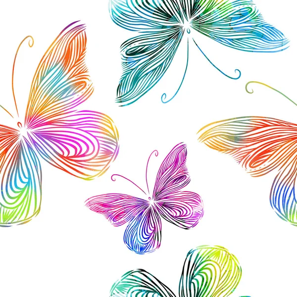 水彩で飛ぶ蝶。シームレスな背景。混合メディア。ベクターイラスト — ストックベクタ