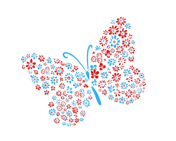 Una mariposa multicolor hecha de flores. Medios mixtos. Ilustración vectorial — Vector de stock