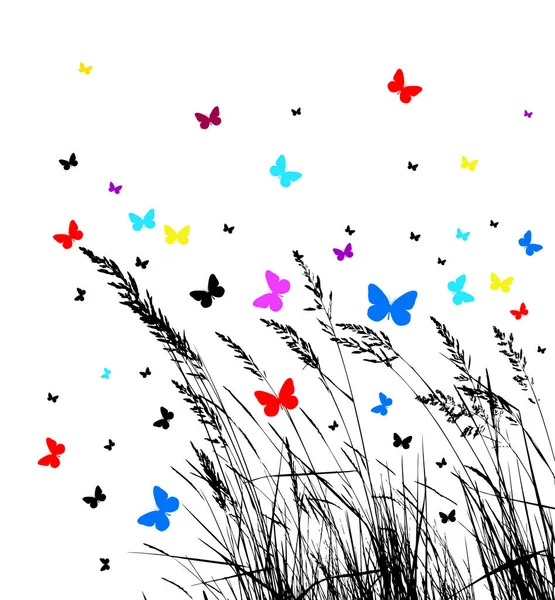 Grama com borboletas. Ilustração vetorial — Vetor de Stock