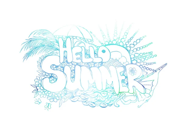 Hola verano. Texto abstracto. Sol, mar, palmeras. Ilustración vectorial — Vector de stock