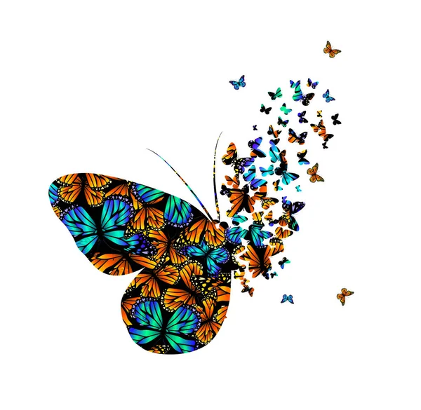 Abstrakter Schmetterling mehrfarbig aus Teilen. Viele fliegende Schmetterlinge. Vektorillustration — Stockvektor
