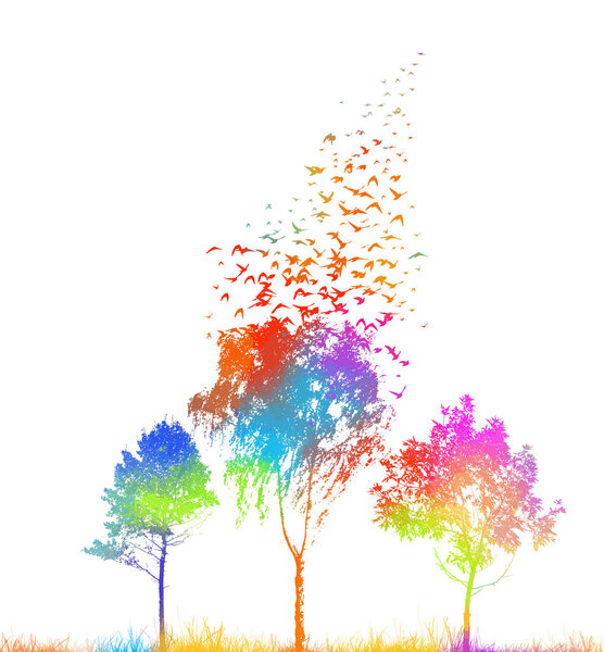Силуэты деревьев с летающими птицами. Красочная абстракция природы. Векторная иллюстрация
