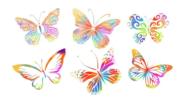 A set of colorful beautiful butterflies. Mixed media. Vector illustration — Stock Vector
