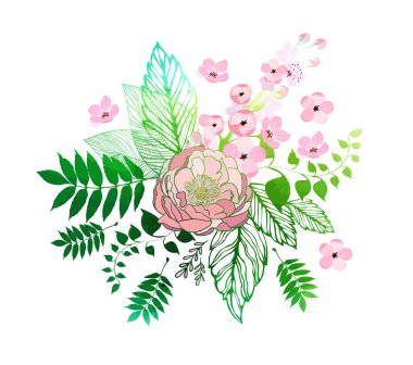 Yapraklı grafiksel pembe ve yeşil çiçek. Vektör