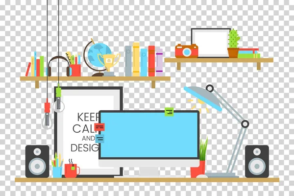 Office workplace design concept set with book shelves and cup of coffee on desk vector illustration. Computer, lamp, sound acoustic — Stock Vector