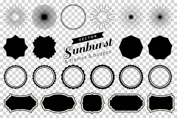 Collection d'éléments de design rétro sunburst dessinés à la main et éclatants. Cadres, insignes — Image vectorielle