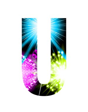 Maytap havai fişek mektup beyaz arka plan üzerinde izole. Vektör tasarım ışık efekti alfabe. U Harfi