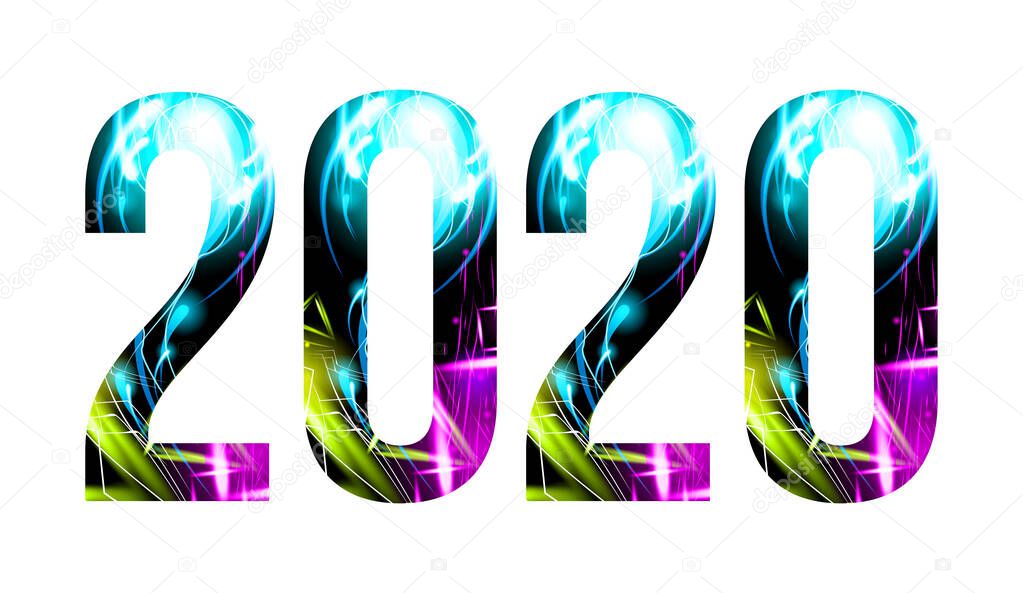 2020 - year number shining background. Glow effect on white background