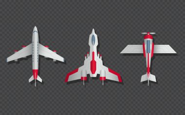 Uçaklar ve askeri uçak üstten görünüm. vektör simgeler 3D uçak ve avcı. Uçak üstten görünüm, hava taşıma modeli illüstrasyon