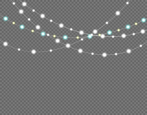 Светящиеся огни на праздники. Прозрачная светящаяся гирлянда. Белый светящийся свет для дизайна поздравительных открыток. Гирлянды, украшения — стоковый вектор