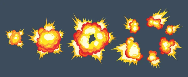 Cartoon Explosion Feuereffekt. Effektboom, Explosionsblitz, Bomben-Comic, Vektorillustration. Animation für das Spiel mit dem Explosionseffekt, aufgeteilt in einzelne Frames. — Stockvektor