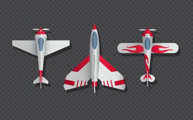 Airplanes and military aircraft top view. 3d airliner and fighter vector icons. Airplane top view, air transport model illustration clipart