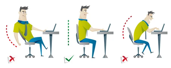 Posizione seduta posteriore corretta e non corretta. Posizione buona e cattiva rotazione. Illustrazione vettoriale in stile piatto isolato per sfondo bianco — Vettoriale Stock