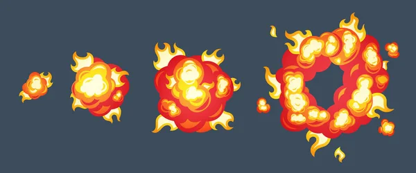 Dessin animé explosion effet de feu. Effet boom, éclair explosif, bande dessinée bombe, illustration vectorielle. Animation pour le jeu de l'effet d'explosion, divisé en cadres séparés . — Image vectorielle