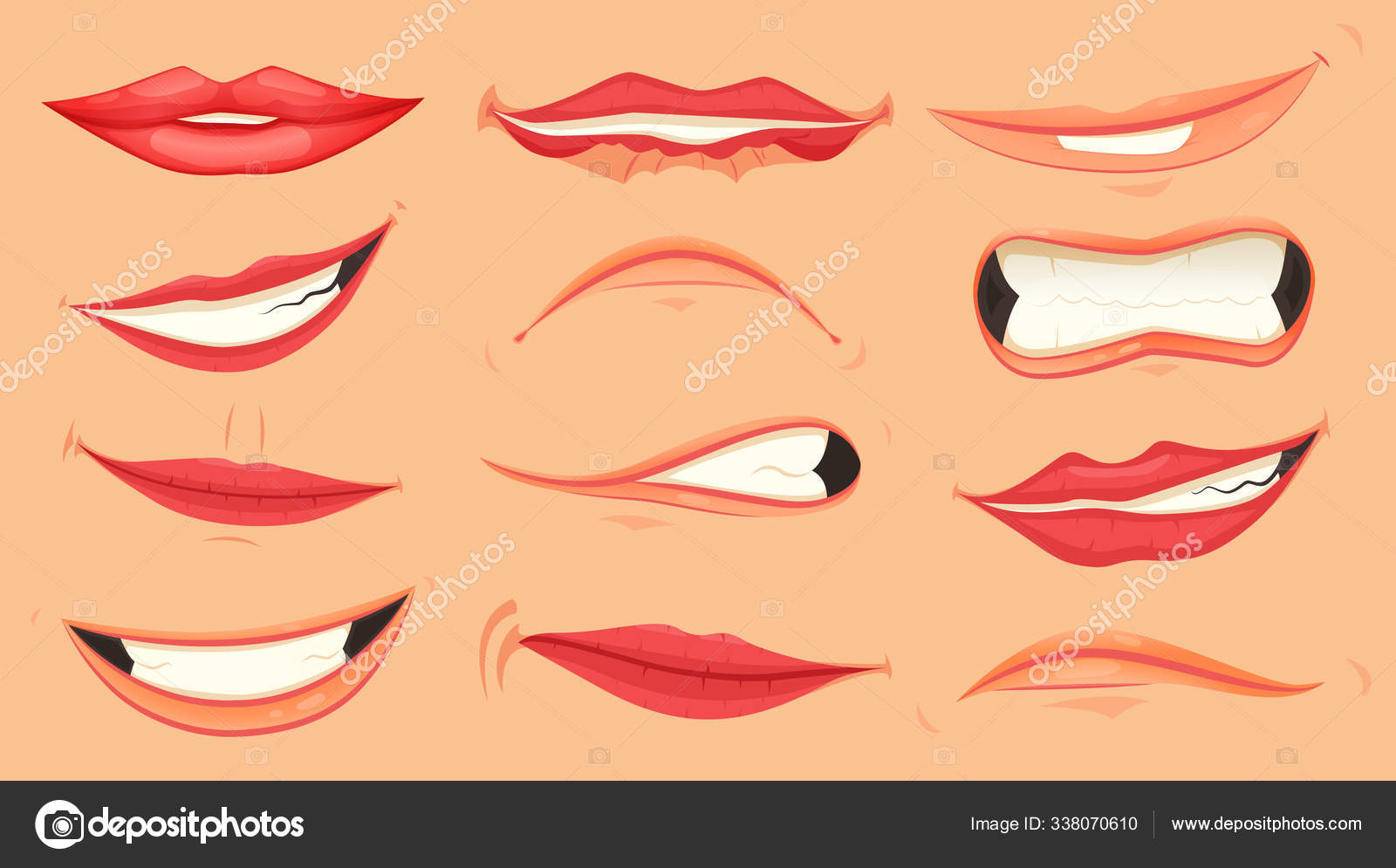 Desenhos animados bonito boca expressões gestos faciais conjunto com lábios  amuados sorrindo saindo língua isolado vetor ilustração. imagem vetorial de  Designer_things© 338070610