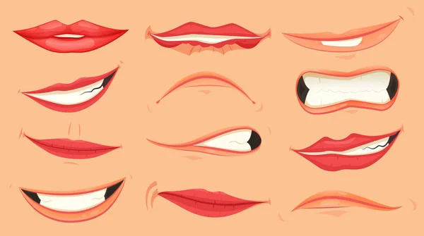 Dessin animé mignon expressions de la bouche gestes du visage fixés avec des lèvres boudantes souriant collant sur la langue isolé vecteur illustration. — Image vectorielle