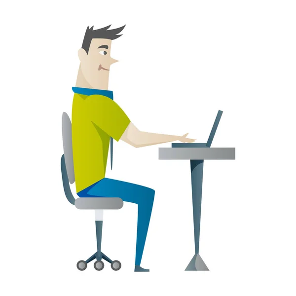 Kancelářská práce a práce na dálku, na volné noze. Mladý muž pracuje na počítači. Vektorová ilustrace v plochém stylu. — Stockový vektor