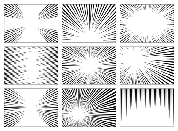 黒、白、灰色の放射状ライン コミック スタイルの背景のセットです。漫画アクション、スピード抽象。ベクトルの図。白い背景に分離 — ストックベクタ