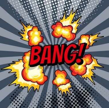 Boom. Comic book explosion bang on sunbeam striped background clipart