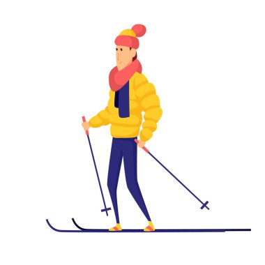 Vektör adamlar kayakçı. Erkek kayak tasarım elementi beyaz arkaplanda izole edildi. Kış sporcusu kayak merkezinde. Kış sporu aktivitesi. Kayakçı kayağa gider.