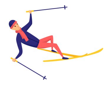 Vektör adamlar kayakçı. Erkek kayak tasarım elementi beyaz arkaplanda izole edildi. Kış sporcusu kayak merkezinde. Kış sporu aktivitesi. Kayakçı kayaktan düştü.