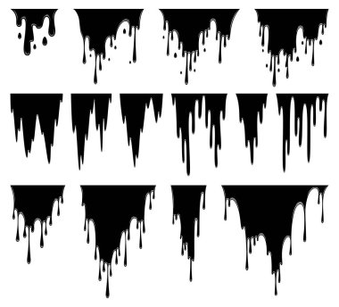 Sıvı boya damlıyor. Yağ lekesi. Siyah mürekkep izi, sıvı lekesi. Soyut kütle. Beyaz arkaplanda vektör illüstrasyonu