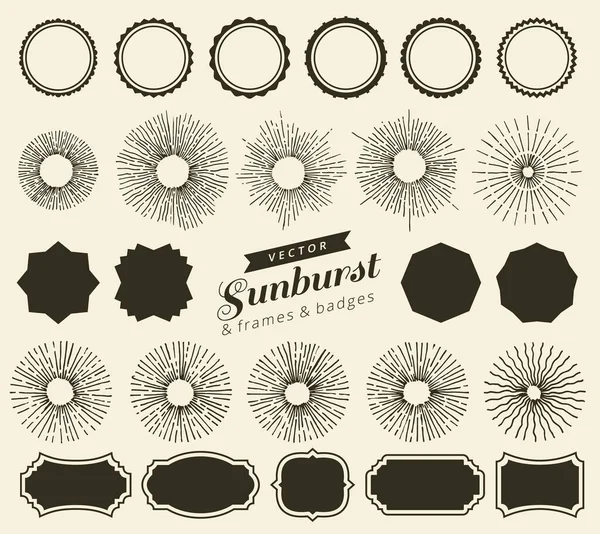 Conjunto de emblemas e molduras Vintage Sunbursts para o seu design. Moda mão desenhada retro explodindo raios elementos de design. Etiquetas geométricas vetoriais —  Vetores de Stock