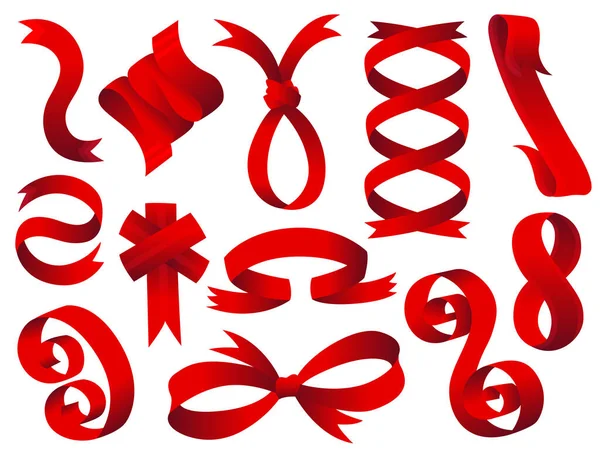 Kolekce vektorových červených stuh. Izolované tvary pro dárky nebo doplňky. Luk a dekorace pro aplikaci a web. Etikety a stuhy vektorových prvků — Stockový vektor