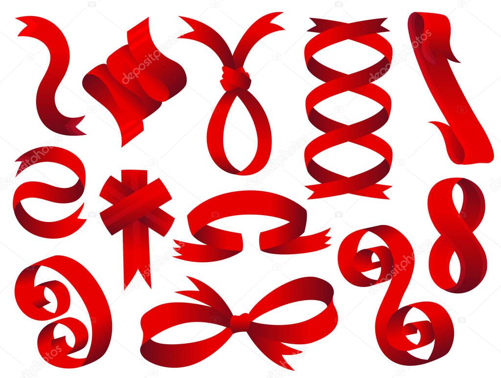 Collection of vector red Ribbons. Isolated shapes for gifts or accessories. Bow and decoration for app and web. Label and Ribbons vector elements