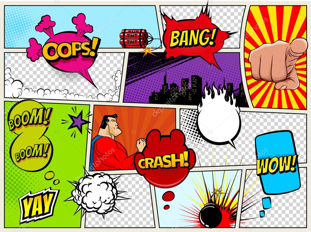 Grunge Retro Comic Speech Bubbles. Background with radial halftone effects and rays in pop-art style. Abstract Talking Clouds and Sounds