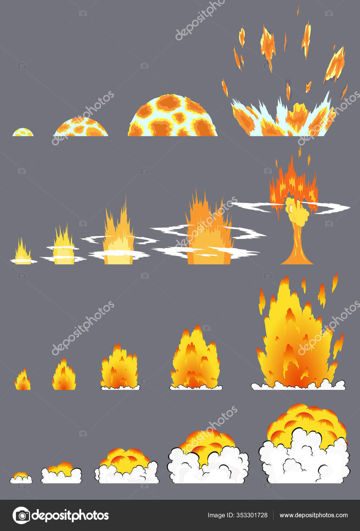 Animation of explosion effect in cartoon comic style. Cartoon explosion  effect with smoke for game. Sprite sheet for cartoon fire explosion, flash  game effect animation Stock Vector Image by ©Designer_things #353301728