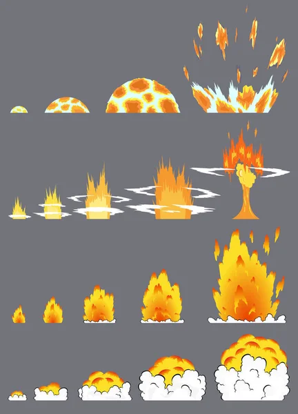 Animáció robbanás hatása rajzfilm képregény stílusban. Rajzfilm robbanás hatása füst a játék. Sprite lap rajzfilm tűz robbanás, flash játék hatása animáció — Stock Vector