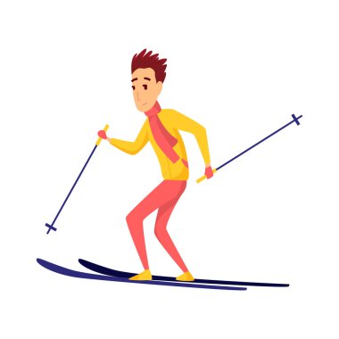 Vektör adamlar kayakçı. Erkek kayak tasarım elementi beyaz arkaplanda izole edildi. Kış sporcusu kayak merkezinde. Kış sporu aktivitesi. Kayakçı kayağa gider.