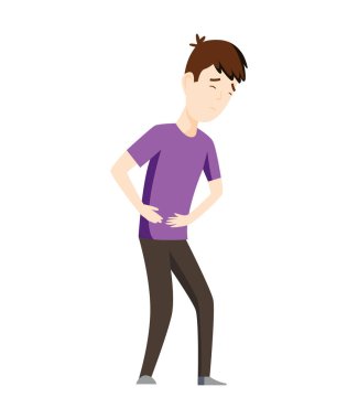 İnce bağırsak ve apandisitle apandisit semptomları gösteren bir adam. Genç adam karnını tuttu. Karın ağrısı var. Apandis hastalığı, acil durum.