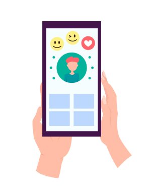Ekranda kalp emojisi mesajı olan akıllı telefonu tut, düğme gibi. Sosyal ağ ve mobil cihaz. Web siteleri, web pankartları için grafikler. Düz tasarım vektör çizimi