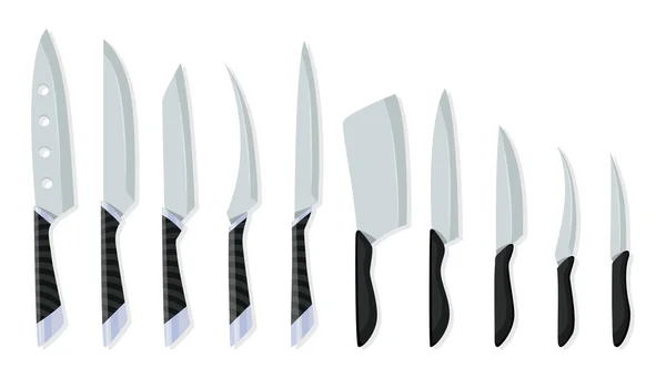 Juego de cuchillos carniceros para carnicería de diseño. Diferentes tipos de cuchillos para chefs, icono de cuchillo para carnicería. Conjunto de iconos de cubiertos - vector cuchillos de cocina realistas aislados — Vector de stock