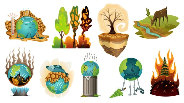 Colección de ilustración del calentamiento global de la tierra. Carteles de ecología de advertencia. Concepto de iconos de sequía planetaria global. Pobre globo personajes de la tierra de dibujos animados — Archivo Imágenes Vectoriales