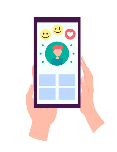 Mano celebración de teléfono inteligente con el corazón mensaje emoji en la pantalla, como botón. Red social y dispositivo móvil. Gráficos para sitios web, banners web. Diseño plano vector ilustración — Vector de stock